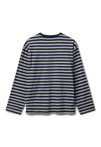 Langarmshirt mit dunkelblauen und hellgrauen horizontalen Streifen, Rundhalsausschnitt, von hinten auf einem weißen Hintergrund gezeigt.