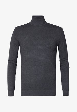 Suéter de cuello alto gris hecho de una suave tela de punto, que presenta mangas largas y puños de canalé con un diseño minimalista.