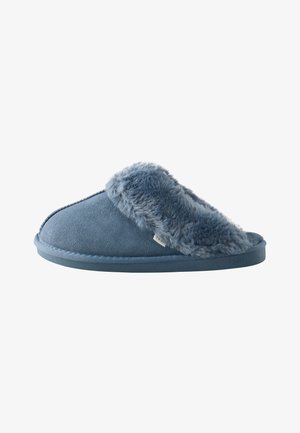 Blauwe suède pantoffel met dikke pluche voering en open hiel, ontworpen voor binnenhuis comfort.