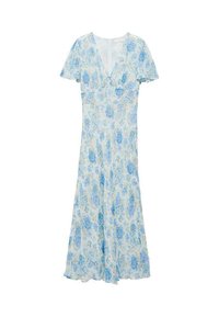 Blumenmidi-Kleid in Hellblau mit einer sanften, fließenden Textur. Verfügt über kurze Ärmel, einen V-Ausschnitt und einen leichten Schwung am Saum.