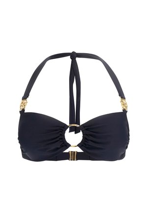 Black bikini top with gathered fabric, gold circular hardware at the center, and adjustable halter neck ties. Smooth texture, seamless design.