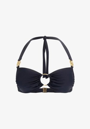 Schwarzer Bikini-Oberteil mit gerafftem Stoff, goldener runder Hardware in der Mitte und verstellbaren Halter-Trägern. Glatte Textur, nahtloses Design.