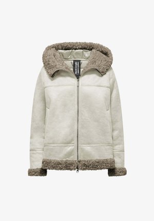 Light gray faux suede jacket with a brown shearling-lined hood and cuffs. Features a central zipper and two front pockets.