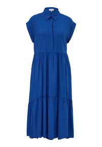 Robe midi bleue à manches courtes avec col et jupe à volants, avec une patte de boutonnage sur le devant et une coupe ample.
