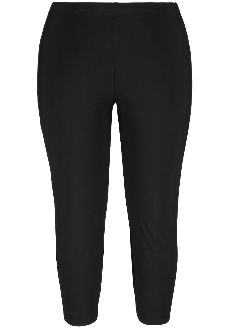 Schwarze Leggings aus glattem, dehnbarem Stoff, mit einer taillierten Passform, die bis zur Mitte der Wade reicht, und einem elastischen Bund.