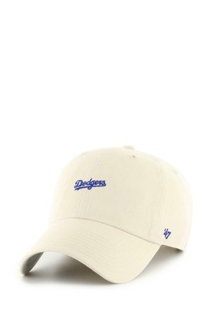 Beige baseball cap made of cotton with a curved visor. Features purple embroidered "Dodgers" logo on the front and "47" on the side.