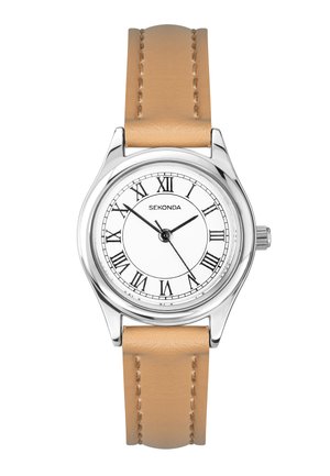Runde silberne Uhr mit weißem Zifferblatt, schwarzen römischen Zahlen, drei Zeigern, die 10:10:24 anzeigen, und beigem Lederarmband mit Naht.