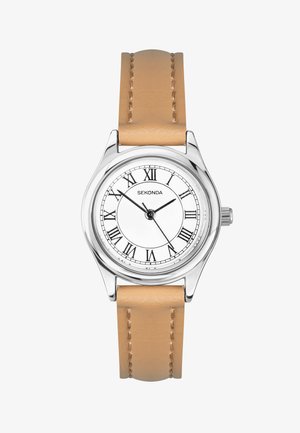 Round silver watch with white face, black Roman numerals, three hands showing 10:10:24, and beige leather strap with stitching.