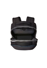 Black backpack with multiple compartments, featuring padded straps, zip closures, and a textured exterior. Interior has an organized layout.
