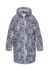 Lila Pufferjacke mit schwarzem Leopardenmuster, ausgestattet mit Kapuze, durchgehendem Reißverschluss und zwei vorderen Taschen. Glatte, gesteppten Textur.
