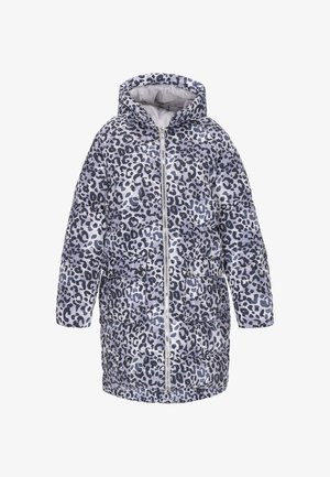 Lila pufi kabát fekete leopárdmintával, kapucnival, teljes hosszúságú cipzárral és két elülső zsebbel. Sima, steppelt textúra.