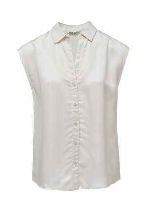 Mouwloze ivoorkleurige blouse met knopen, een brede kraag en subtiele plooien langs de knoopsluiting.