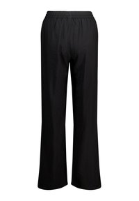 Pantaloni neri a gamba larga con vita elastica, realizzati in un tessuto leggero e morbido. Presentano un design semplice e privo di decorazioni.