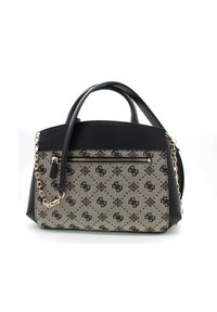 Zwarte en beige handtas met een gestructureerd ontwerp, voorzien van een patroon van canvas, leren accenten en een kettingriem. Voorzien van een ritssluiting aan de voorkant.