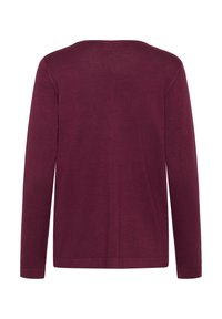 Halenka s dlouhým rukávem, tmavě burgundská barva, kulatý výstřih, jemná textura, jednoduchý design, bez viditelných vzorů nebo akcentů. Zobrazeno zezadu.