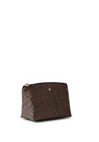 Black and brown speckled cosmetic pouch, rectangular shape, zip closure, with a subtle golden accent on the front. Smooth texture.