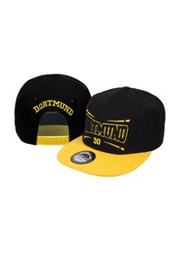 Black cap with a yellow brim, featuring "DORTMUND" label in yellow embroidery and adjustable snapback strap with multiple sizing holes.