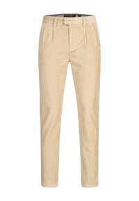 Beige corduroy trousers with a straight cut, featuring pleats, belt loops, and side pockets. Smooth texture with subtle vertical stripes.