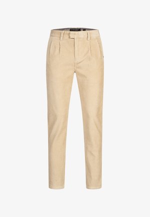 Beige corduroy trousers with a straight cut, featuring pleats, belt loops, and side pockets. Smooth texture with subtle vertical stripes.