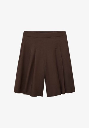 Brown pleated shorts with a high waist. Fabric appears smooth and lightweight, featuring deep, clean folds for a flowy silhouette.