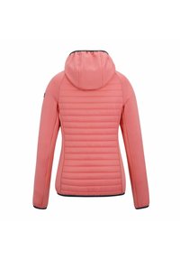 Veste matelassée légère rose avec capuche, manches longues et bordure noire vue de dos sur fond blanc.