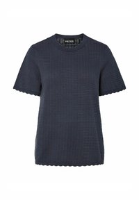 Námořnická modrá croptop s krátkým rukávem a texturovaným vzorem, kulatým výstřihem a vlnkovaným lemem. Vyrobeno z lehkého materiálu, vhodné pro volnočasové nošení.