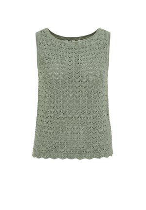 Varrukata roheline helesinine kudumiga top, millel on ümar kaelus ja kogu pinnal keerukas laineline pitsmuster.