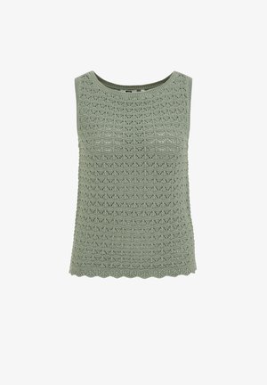 Bezrekawnik w jasnym zielonym kolorze, wykonany na drutach, z okrągłym dekoltem i misternym wzorem falistej koronki na całej powierzchni.