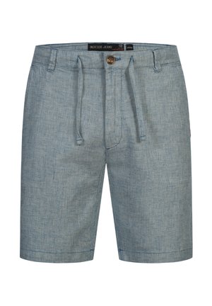 Lyseblå denimshorts med fiskebensmønster, elastisk talje med snøre, frontlukning med knap og sidelommer.