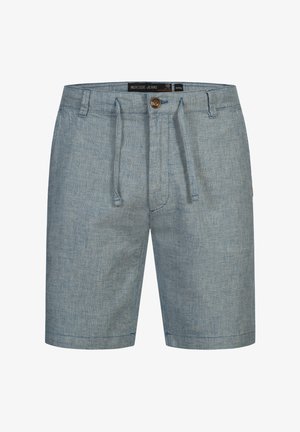 Lyseblå denimshorts med fiskebensmønster, elastisk midjebånd med snøring, frontlukking med knapp og sidelommer.