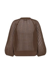 Pull en maille marron avec un motif en maille, des manches larges et une taille côtelée. Le dos présente un design ample et ouvert avec de grands trous.