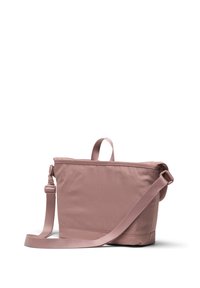 Borsa a spalla in tessuto rosa con forma rettangolare, tracolla regolabile e manico superiore. Texture liscia, bordi rinforzati, senza hardware visibile.