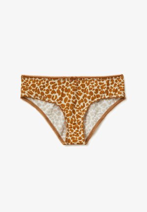 Culotte de bikini en imprimé léopard brun, avec une texture douce et lisse et des bords festonnés le long de la taille et des ouvertures de jambe.