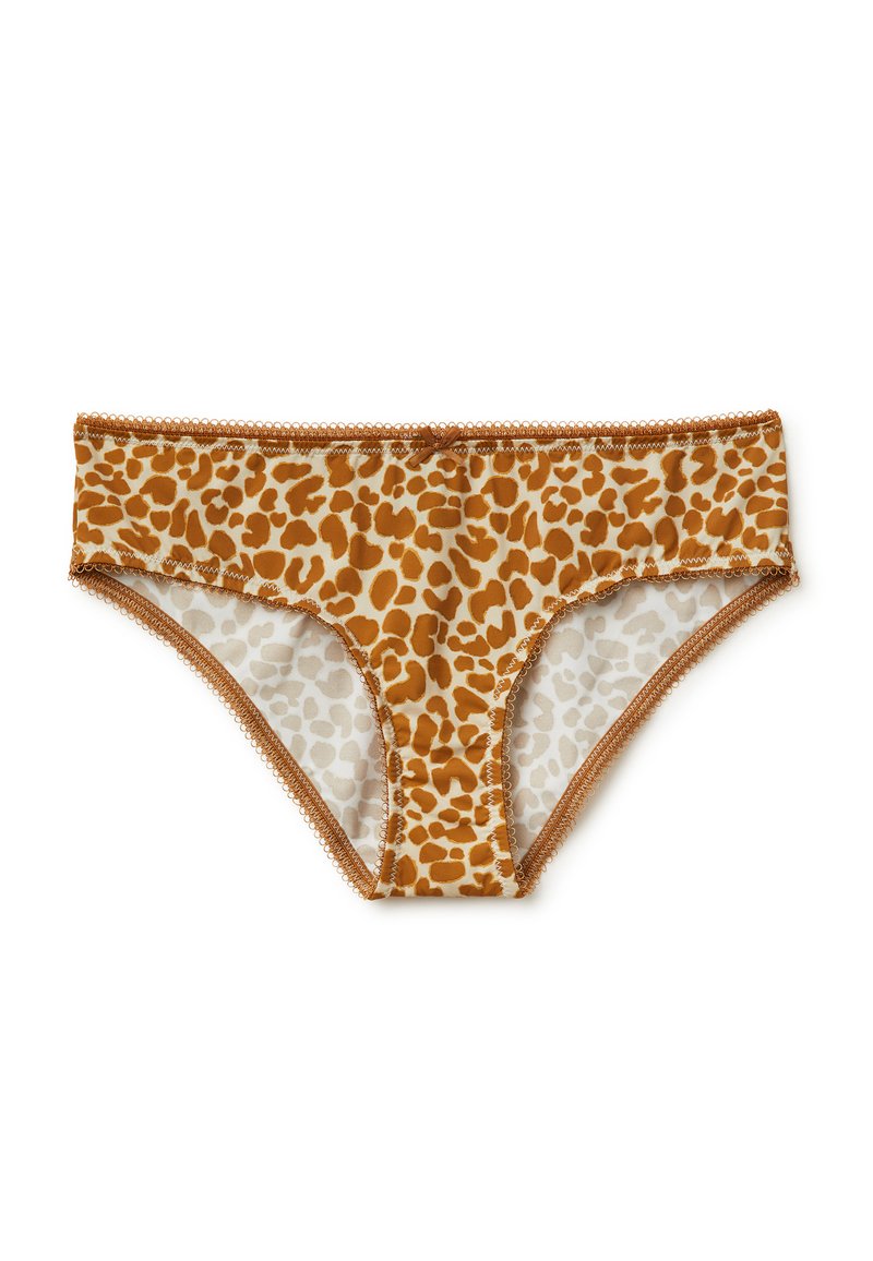 Braune Leopardenmuster-Bikiniunterhosen mit einer weichen, glatten Textur und gewelltem Saum an der Taille und den Beinausschnitten.