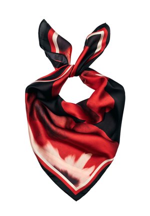 Jedwabna chusta zawiązana na górze, z odważnymi czerwonymi, czarnymi i białymi abstrakcyjnymi wzorami o gładkiej, błyszczącej fakturze na białym tle.