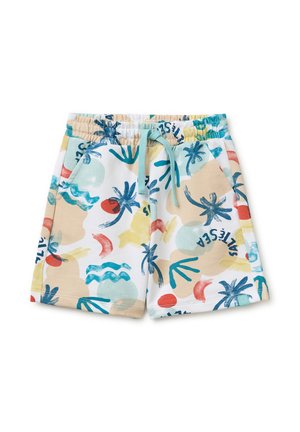 Pantalones cortos para niños con cintura elástica, cordón azul, bolsillos laterales y estampado abstracto de palmeras y mar en colores vivos.