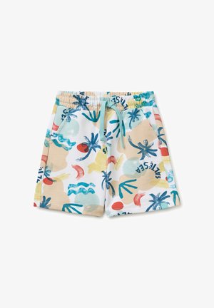 Pantalones cortos para niños con cintura elástica, cordón azul, bolsillos laterales y estampado abstracto de palmeras y mar en colores vivos.