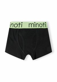 Fekete boxer alsónadrág, puha pamutból készült, menta zöld elasztikus derékpánttal, amelyen fekete betűkkel "minoti" felirat található.