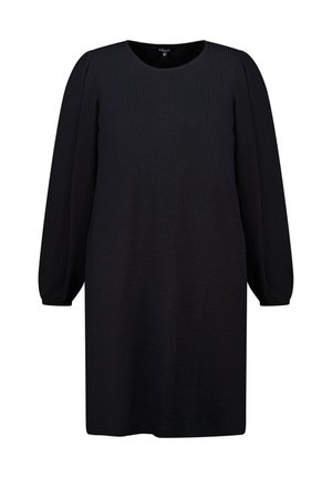 Zwarte, getextureerde jurk met een ronde halslijn, lange pofmouwen en een losse pasvorm, die zorgt voor een comfortabel en ontspannen silhouet.