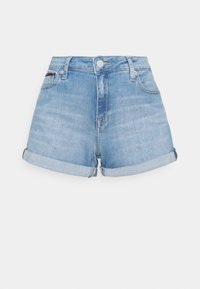 Denimshorts i ljusblått med en urtvättad look, med uppvikt fåll, medelhög midja och framfickor. Metallknappsstängning.