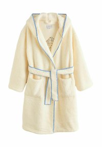 Krēmkrāsas peldmētelis no mīksta frotē auduma ar kapuci, zilu apdari, jostas saiti un priekšējām kabatām. Tam ir mīksts, teksturēts virspusējais slānis.