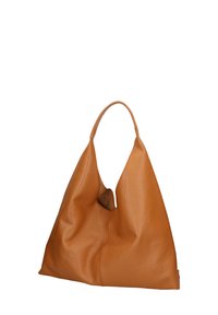 Borsa a tracolla in pelle marrone chiaro con una maniglia singola e un'apertura superiore. Texture morbida con un design minimalista e una piccola tasca interna discreta.