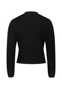 Černý top s dlouhým rukávem, strukturovaným střihem, kulatým výstřihem a texturovaným materiálem. Má čistá záda bez viditelných švů či detailů.