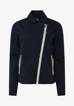 Chaqueta navy con un diseño ajustado, que presenta cremalleras blancas y neón amarillas asimétricas y un cuello alto. Textura de tela suave, con mangas largas.
