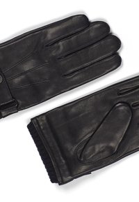 Svarte skinnhansker med stikking, ribbestrikket mansjett og strukturert tommel for grep. Glatt overflate og raffinert design.