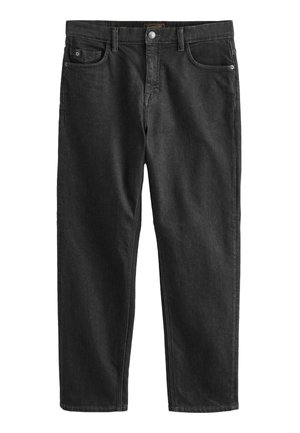 Zwarte denim jeans met een recht model. Kenmerken zijn onder andere vijf zakken, riemlussen en een knoopsluiting. Gladde textuur.