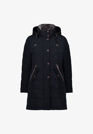 Manteau rembourré marine avec capuche, doté de quincaillerie en or rose, de deux poches avant et d'une doublure grise douce. Texture matelassée sur l'ensemble.