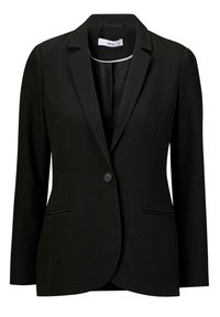 Zwarte blazer van gladde stof, met een geknikte revers, enkele knoopsluiting en twee voorzakken voor een gepolijste uitstraling.