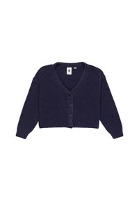 Navy blauwe cropped cardigan met V-hals, lange mouwen en vijf zwarte knopen. Zachte textuur en geribde zoomdetails.