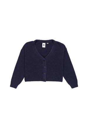 Navyblauer, verkürzter Cardigan mit V-Ausschnitt, langen Ärmeln und fünf schwarzen Knöpfen. Weiche Textur und gerippte Saumdetails.